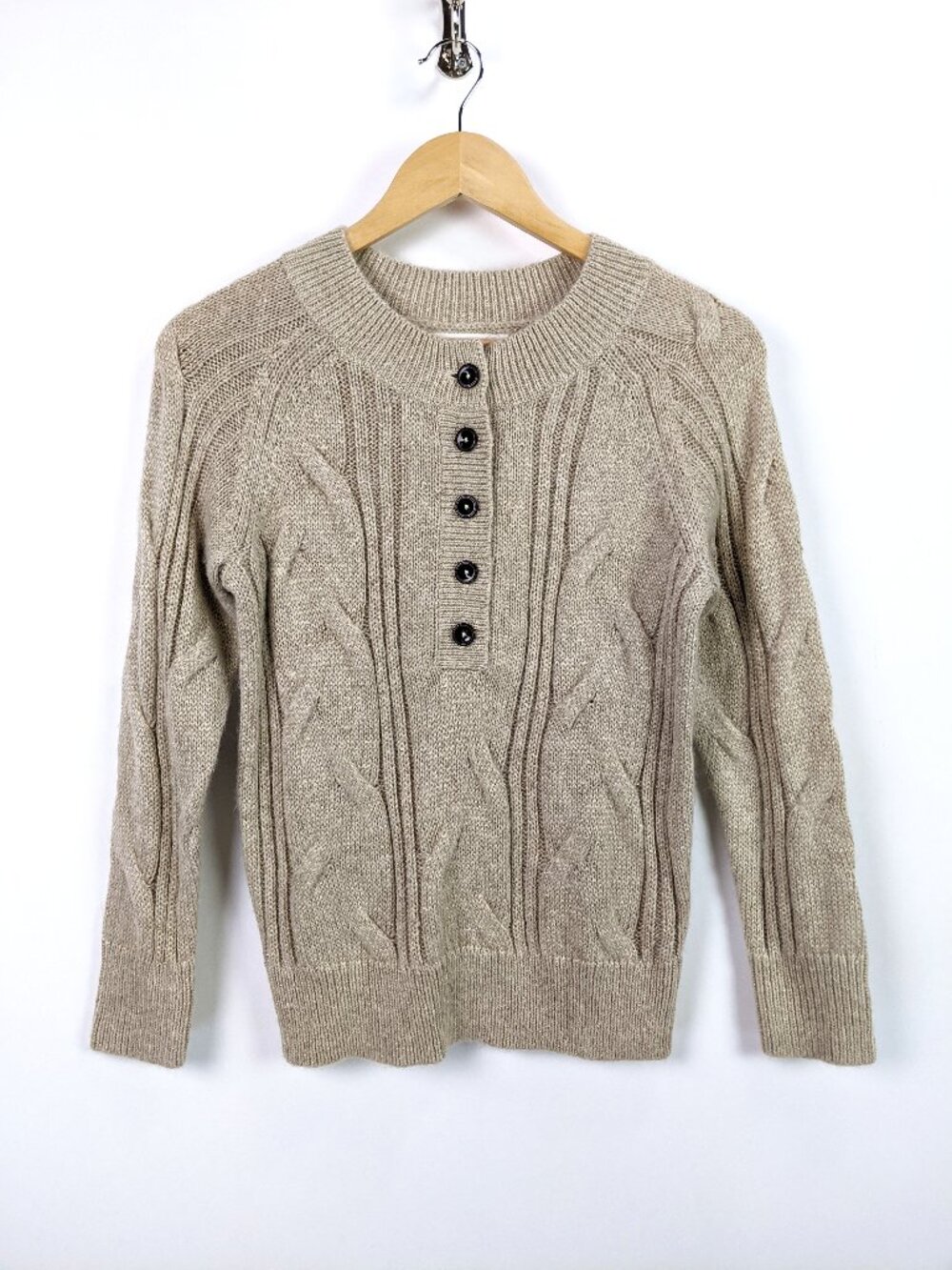Treasure & Bond Womens Beige Cable Knit Henley Placket Sweater Size XS